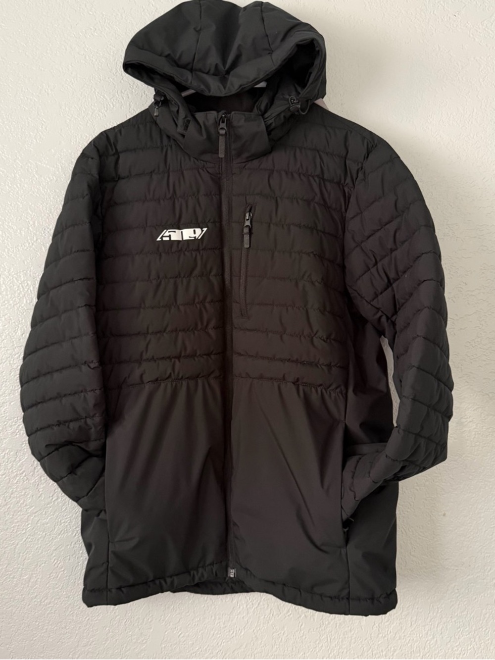 Men's Black Hooded Insulated Puffer Jacket with Chest Zip Pocket
